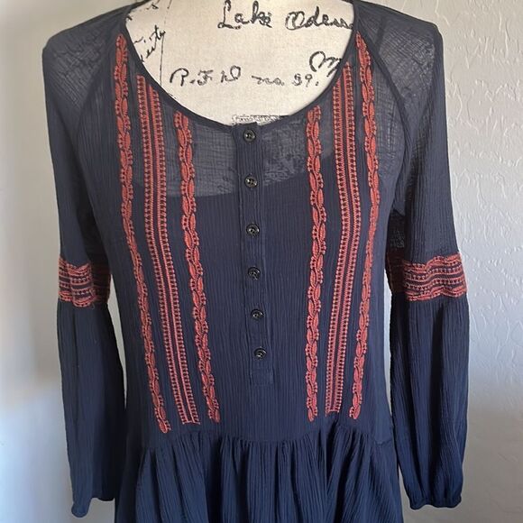 Free People Blue & Orange Embroidered Dress Boho Contemporary Feminine Casual - Picture 13 of 16